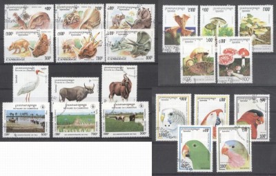 Cambodia 1995 Lot Animals Parrots Mushrooms 5 sets used DE.002 foto