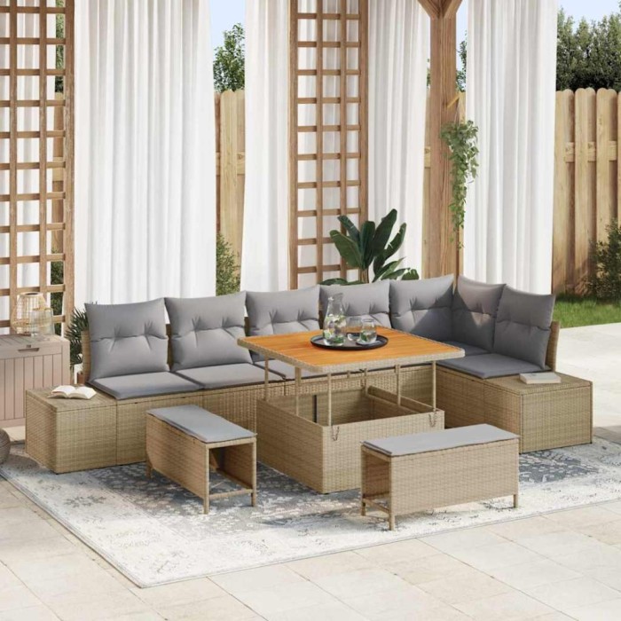 vidaXL Set de canapele pentru grădină cu pernă 9 pcs Bej Rattan poli