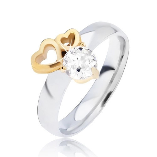 Inel strălucitor din oțel, cu contur auriu de inimă și zircon transparent - Marime inel: 60