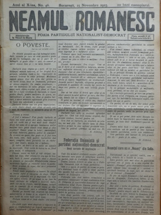 Ziarul Neamul romanesc , nr. 46 , 1915 , din perioada antisemita a lui N. Iorga