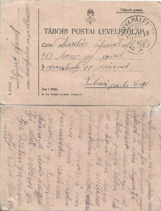 CP813N Carte poștală militară austro-ungară trimisă pe frontul rom&acirc;nesc, 1917, T&aacute;bori posta 640.