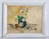 Trandafiri albi - pictura originala in ulei pe carton, tablou inramat 45x37cm, Flori, Impresionism