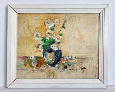 Trandafiri albi - pictura originala in ulei pe carton, tablou inramat 45x37cm