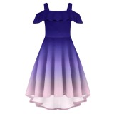 Rochie de vară cu umeri goi, gradient, cu buzunar, casual și de petrecere pentru fete &ndash; Albastru marin 160/12-13Y