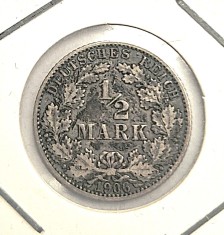 Germania 1/2 mark 1906 G km # 17 moneda argint AG .900 William II