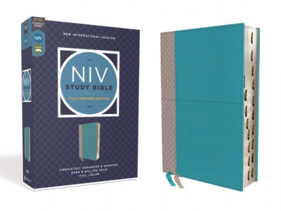 NIV Study Bible, Fully Revised Edition, Leathersoft, Teal/Gray, Red Letter, Thumb Indexed, Comfort Print foto