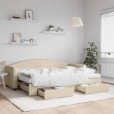 Pat de zi extensibil cu sertare vidaXL, 80x200 cm, crem, textil, canapea extensibila, spatiu depozitare, saltele spuma incluse