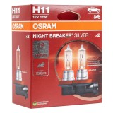 Becuri halogen Osram H11 12V 55W PGJ19-2 Night Breaker Silver +100%, lumina mai puternica pana la 130 m, set 2 bucati, O-64211NBS-HCB