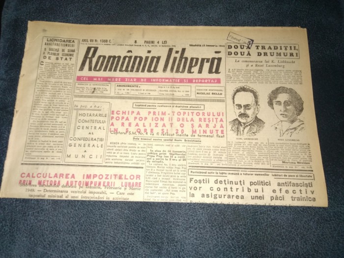 ZIARUL ROMANIA LIBERA 15 IANUARIE 1949