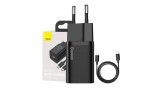 Adaptor de &icirc;ncărcare rapidă Baseus Super Si 1C 25W cu cablu USB-C la USB-C de 1m (Negru)