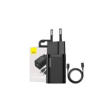 Adaptor de &icirc;ncărcare rapidă Baseus Super Si 1C 25W cu cablu USB-C la USB-C de 1m (Negru)