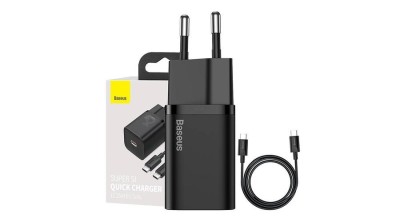Adaptor de &amp;icirc;ncărcare rapidă Baseus Super Si 1C 25W cu cablu USB-C la USB-C de 1m (Negru) foto