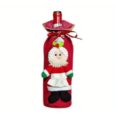 Decoratiune pentru sticla de vin, flippy, tema craciun, model doamna craciun, 14 x 29 cm, rosu