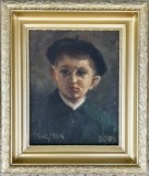 Toader Schipor 1964 Tablou Portret de Copil cu Basca Albastră pictură ulei &icirc;nrămata 39x46 cm