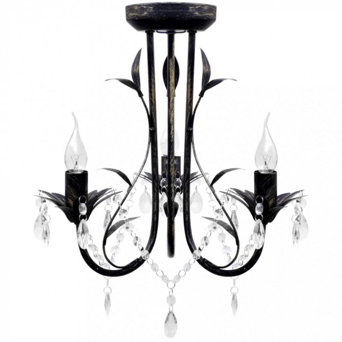 Candelabru metal negru stil Art Nouveau, mărgele cristal, 3xbecuri E14