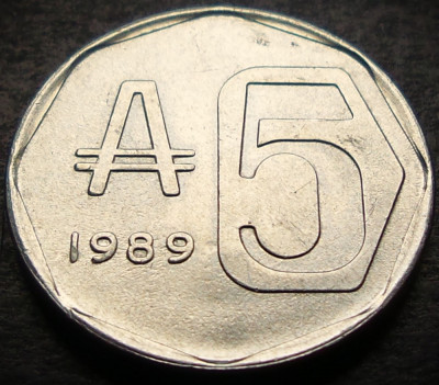 Moneda 5 AUSTRALES TUCUMAN - ARGENTINA, anul 1989 * cod 3869 = A.UNC foto