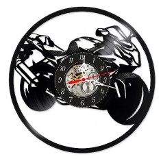 Ceas de perete decorativ Motocicleta Sport, realizat din disc de vinil upcycled, model Moto/Superbike, negru, 30 cm