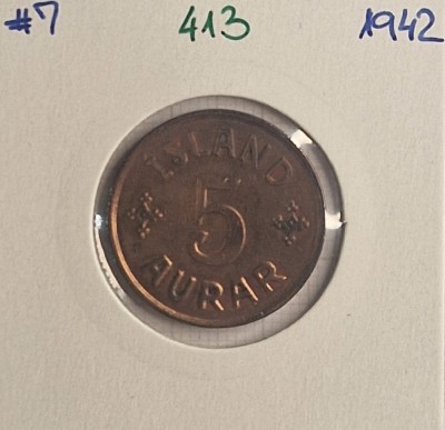 413 Iceland, Islanda, 5 Aurar - Christian X 1942, KM#7 foto