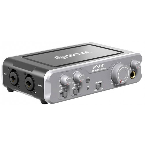 Mixer Audio BOYA BY-AM1 cu 2 Canale USB , Mixer Dual-Channel cu Intrari XLR si 6,35mm, Monitorizare Fara Latenta si Alimentare Phantom 48V