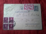Carte Postala circulat 1946 Targoviste - Bucuresti cu bloc 4x10 lei , 2x40lei si Timbru fix 20 lei Mihai , pliu