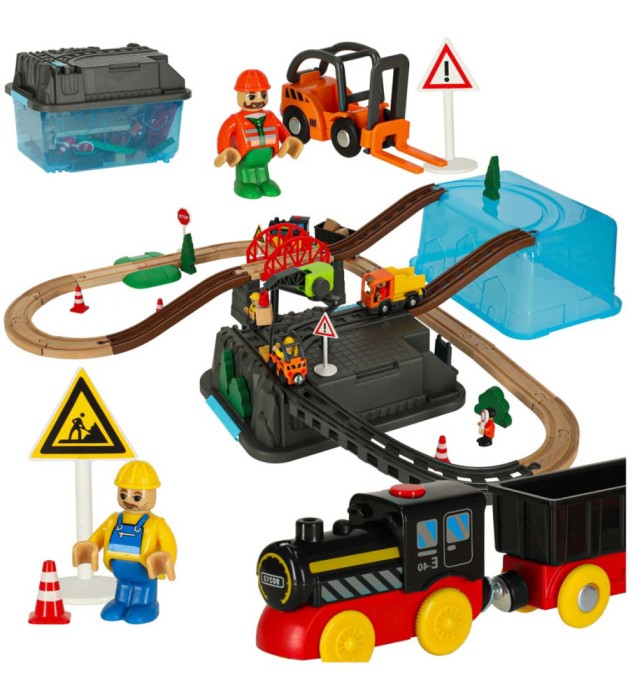 Set pista de curse din 55 de piese, trenulet cu sina, masini de constructii si accesorii