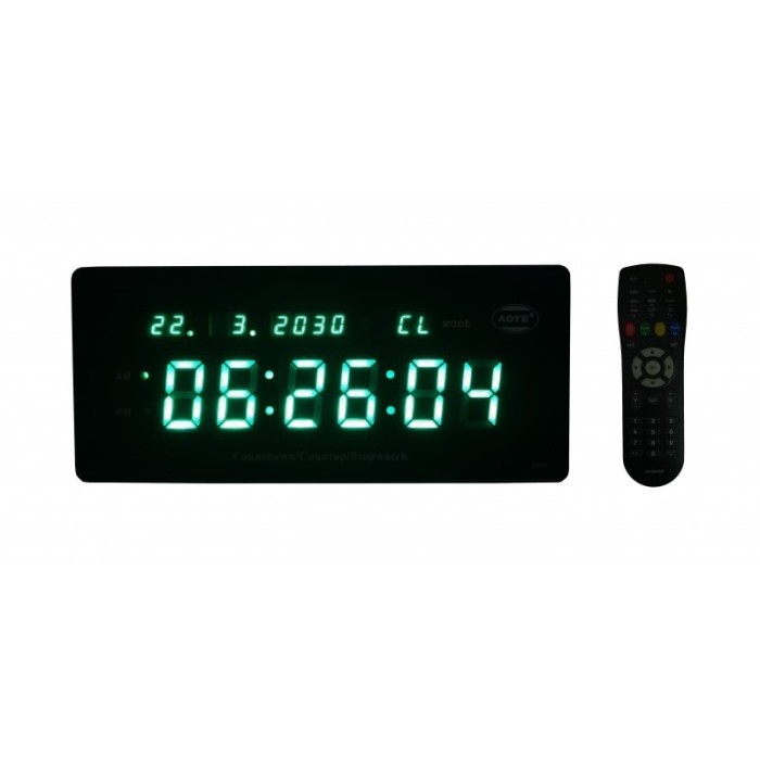Ceas digital de perete sau birou , afisaj LED verde , functie cronometru , luminozitate reglabila , negru