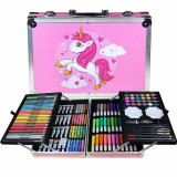 Cumpara ieftin Set 145 piese pentru pictura, pentru copii sau adulti, pixuri de colorat, creioane colorate si vopsele de pictura, cu geanta de transport ROZ UNICORN,, AVEX