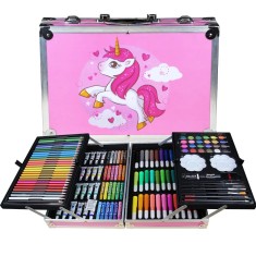 Set 145 piese pentru pictura, pentru copii sau adulti, pixuri de colorat, creioane colorate si vopsele de pictura, cu geanta de transport ROZ UNICORN, foto