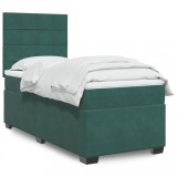 Cumpara ieftin Pat box spring cu saltea, verde &icirc;nchis, 90x200 cm, catifea
