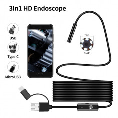 Camera endoscopica 3 in 1 micro usb tip c pc 2 metri foto