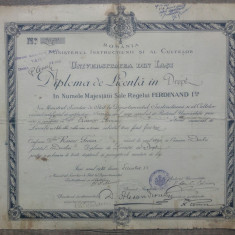 Diploma de Licenta in drept a unui etnic evreu din Dorohoi// Iasi 1920