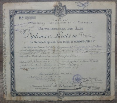 Diploma de Licenta in drept a unui etnic evreu din Dorohoi// Iasi 1920 foto