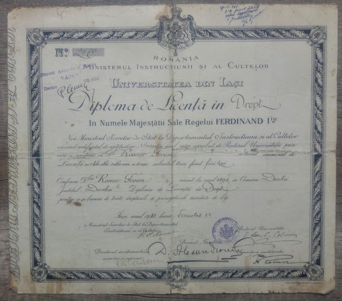 Diploma de Licenta in drept a unui etnic evreu din Dorohoi// Iasi 1920