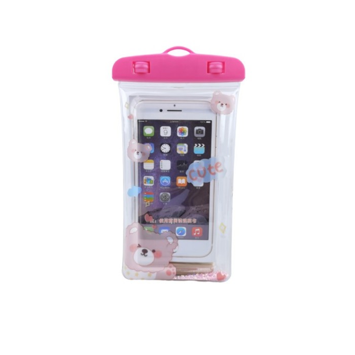 Husa subacvatica Glitter Kids Waterproof Flippy, Snowproof, Universala, cu Snur, pentru telefon sau documente, Cute Bear, Roz