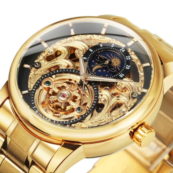 WINNER 514 Ceas Automat Barbati Skeleton Gold, Tourbillon Moon Phase