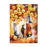 Tablou pictat manual stilizat, Natura statica cu flori si fructe, 70x50cm ulei pe panza in cutit efect 3D
