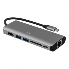 Adaptor USB-C DELTACO, USB-C FM, HDMI FM, 2 x USB-A FM, 1xRJ45, slot card SD, UHD in 30Hz, gri foto