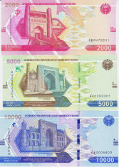 Bancnota Uzbekistan 2.000, 5.000 si 10.000 Som 2021 - PNew UNC ( set x3 ) foto