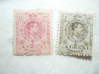 2Timbre Spania 1909 Alfons XIII in medalion ,2 si 10cs ,nr de control foto
