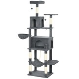 PawHut Arborele pentru Pisici mare, 202 cm, cu 6 St&acirc;lpi de Zg&acirc;riat, 2 Hamace, 2 Stinghii, 2 Pompoane, Gri inchis | Aosom Romania