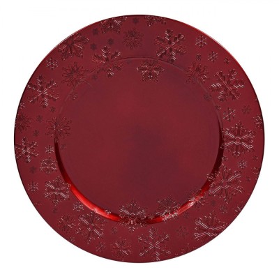 Platou Decorativ Crăciun, Plastic, Model Fulgi, Diametru 33cm, Roșu foto