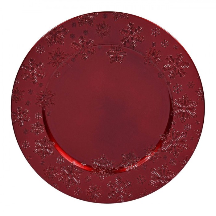 Platou Decorativ Crăciun, Plastic, Model Fulgi, Diametru 33cm, Roșu