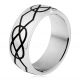 Inel lucios din oțel, caneluri negre groase sub formă de lacrimi și romburi - Marime inel: 69