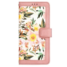 Husa tip carte iPhone 14 Flip Magnetic Roz cu Flori , Protectie 360 , piele ecologica premium , Techsuit TFC