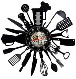 Ceas de perete decorativ realizat din disc de vinil, Model Bucătărie Ustensile Culinare Gătit, Negru, 30 cm