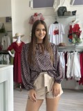 Bluza dama din saten maro cu maneca lejera si snur la gat