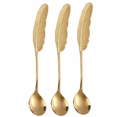 Set 3 lingurite Pufo Feather pentru cafea, ceai, desert, otel, maner in forma de pana, auriu, 15.5cm foto