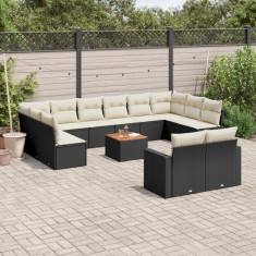 Set mobilier de gradina cu perne, 13 piese, negru, poliratan