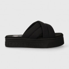 Tommy Jeans papuci TJW LETTERING FLATFORM SANDAL femei, culoarea negru, cu platforma, EN0EN02465