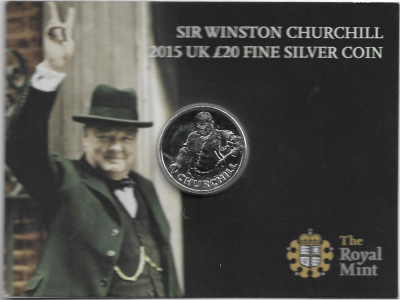 UK Royal Mint BU - 20 Pounds - 0.999 Fine Silver 2015 - WINSTON CHURCHILL foto